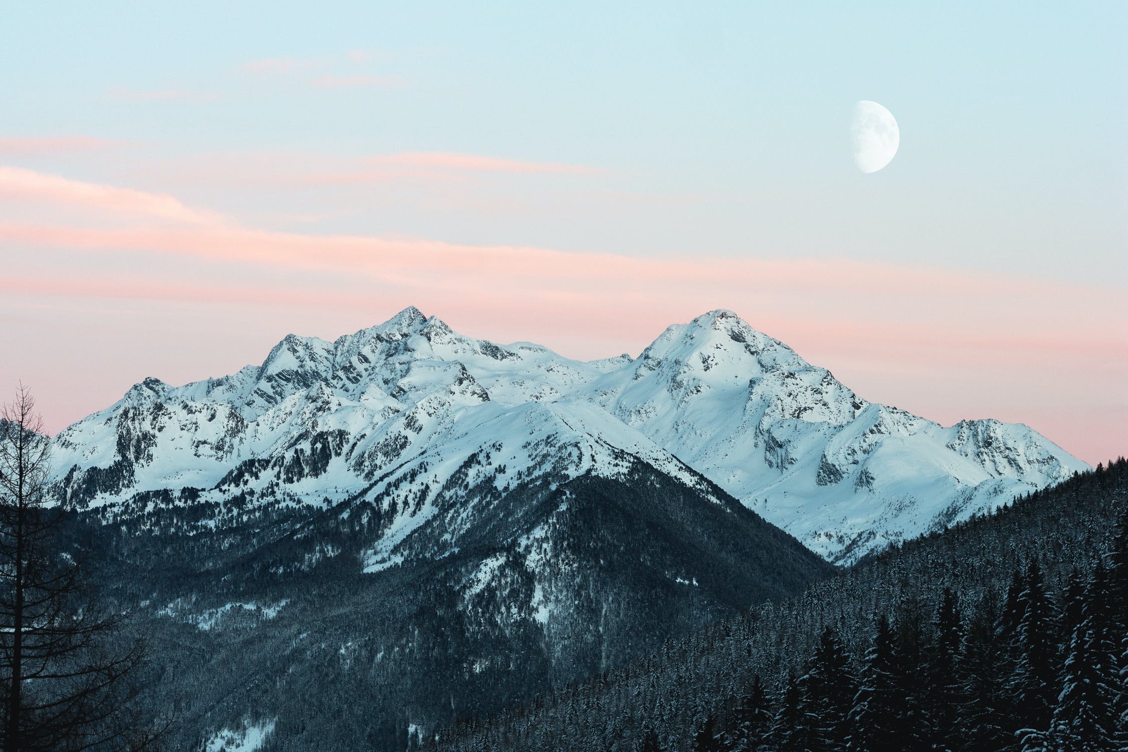 Moon above a forested mountain range at dusk